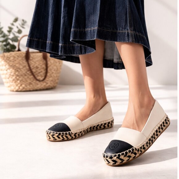 Tory Burch Shoes - Tory Burch Cream and Black Espadrille Flats